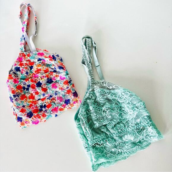 2 VS VICTORIAS SECRET PINK Lace White Red Blue Mint Green Ruffle Bra Bralette M - Picture 1 of 16